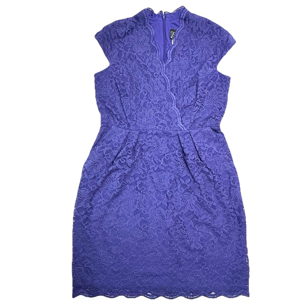 Alex Evenings Lace Dress Midi‎ Size 16 Blue/Purple Sheath Cap Sleeves NO TIE